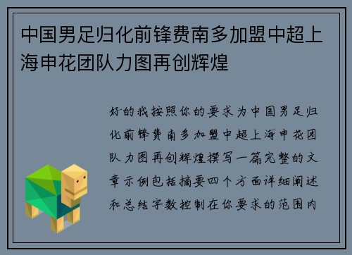 中国男足归化前锋费南多加盟中超上海申花团队力图再创辉煌