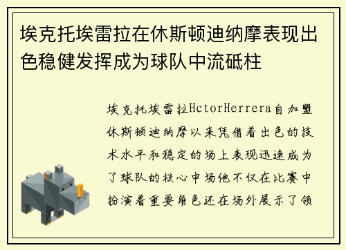 埃克托埃雷拉在休斯顿迪纳摩表现出色稳健发挥成为球队中流砥柱 埃克托埃雷拉在休斯顿迪纳摩表现出色稳健发挥成为球队中流砥柱